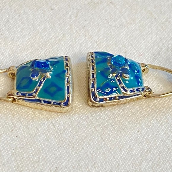Handbag Earrings Blue Enamel Over Silver Tone Metal With Central Blue Stone - Picture 4 of 10